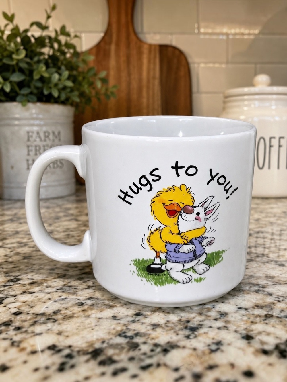 Vintage Suzy’s Zoo Visits Hugs to You Coffee Mug Cup Current Bunny Bird 1990s